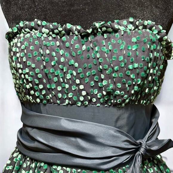 Betsey Johnson 8 Green Silk Velvet Swiss Dots Strapless Burnout Dress Vintage - Picture 7 of 15